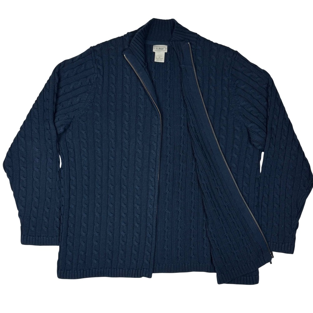 LL Bean Cardigan Cable Knit Full Zip Sweater Mock Neck Women 2X Navy Blue